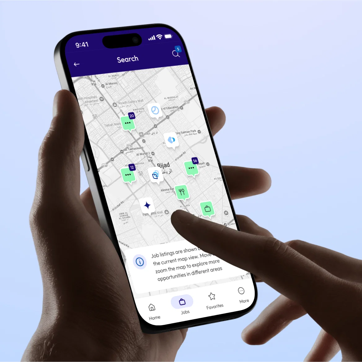 User browsing job listings on Opus mobile app map view