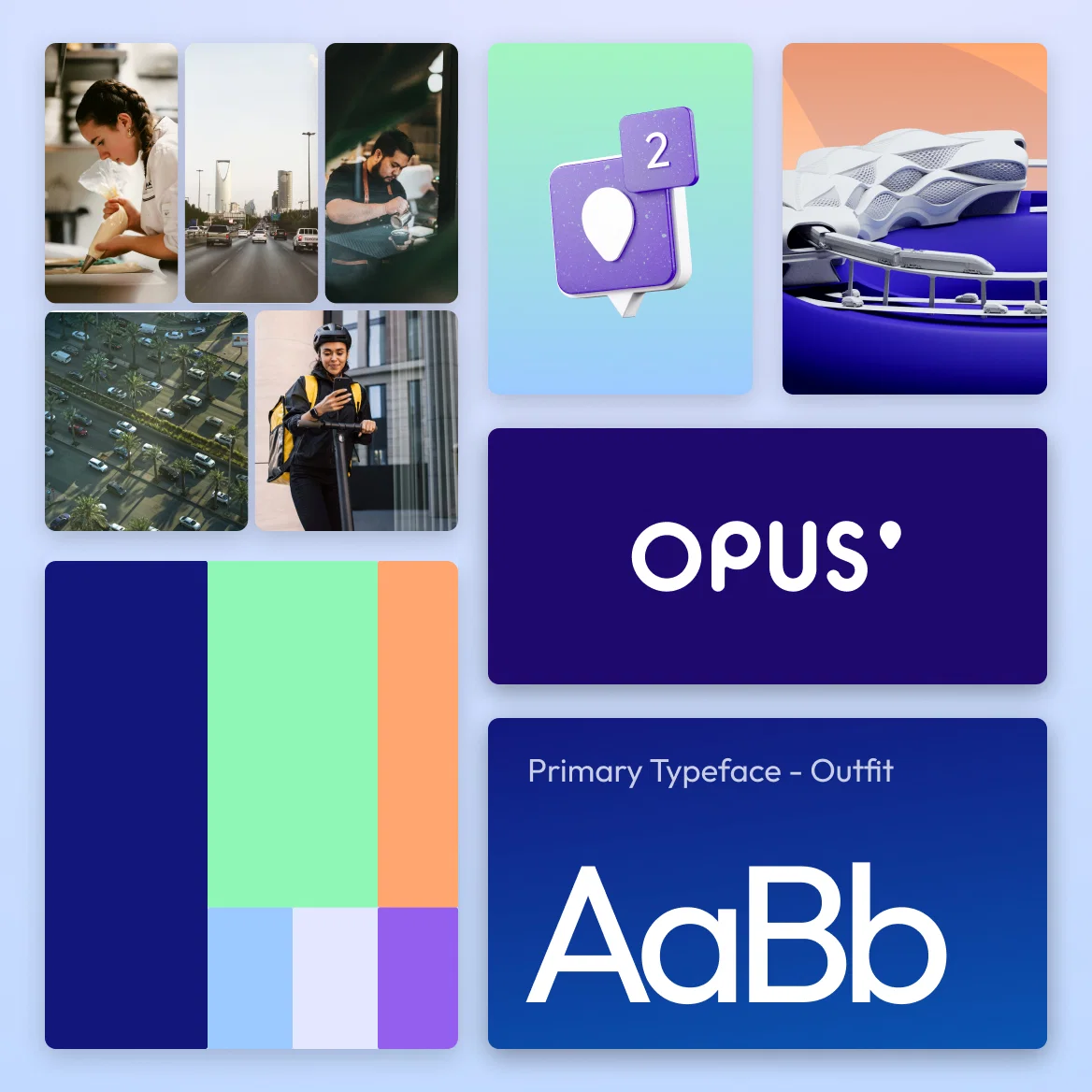 Opus brand identity collage showcasing color palette, typography, logo, app icons, and lifestyle imagery.