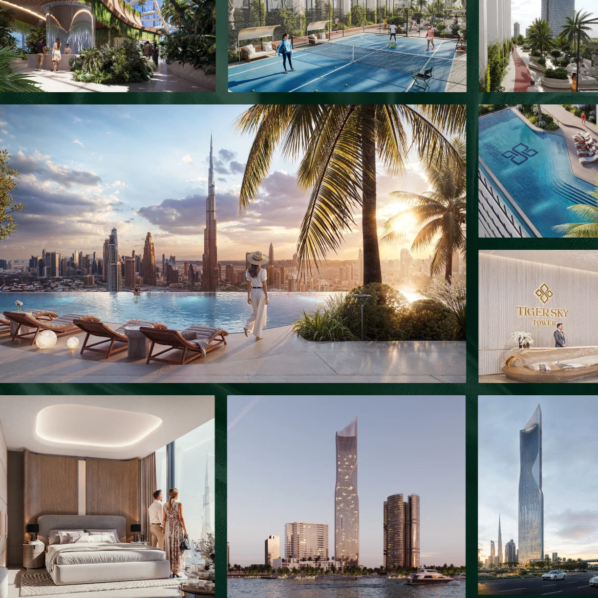 Collage of luxury architectural renderings showcasing Tiger Sky Tower, pool areas, and Dubai skyline.