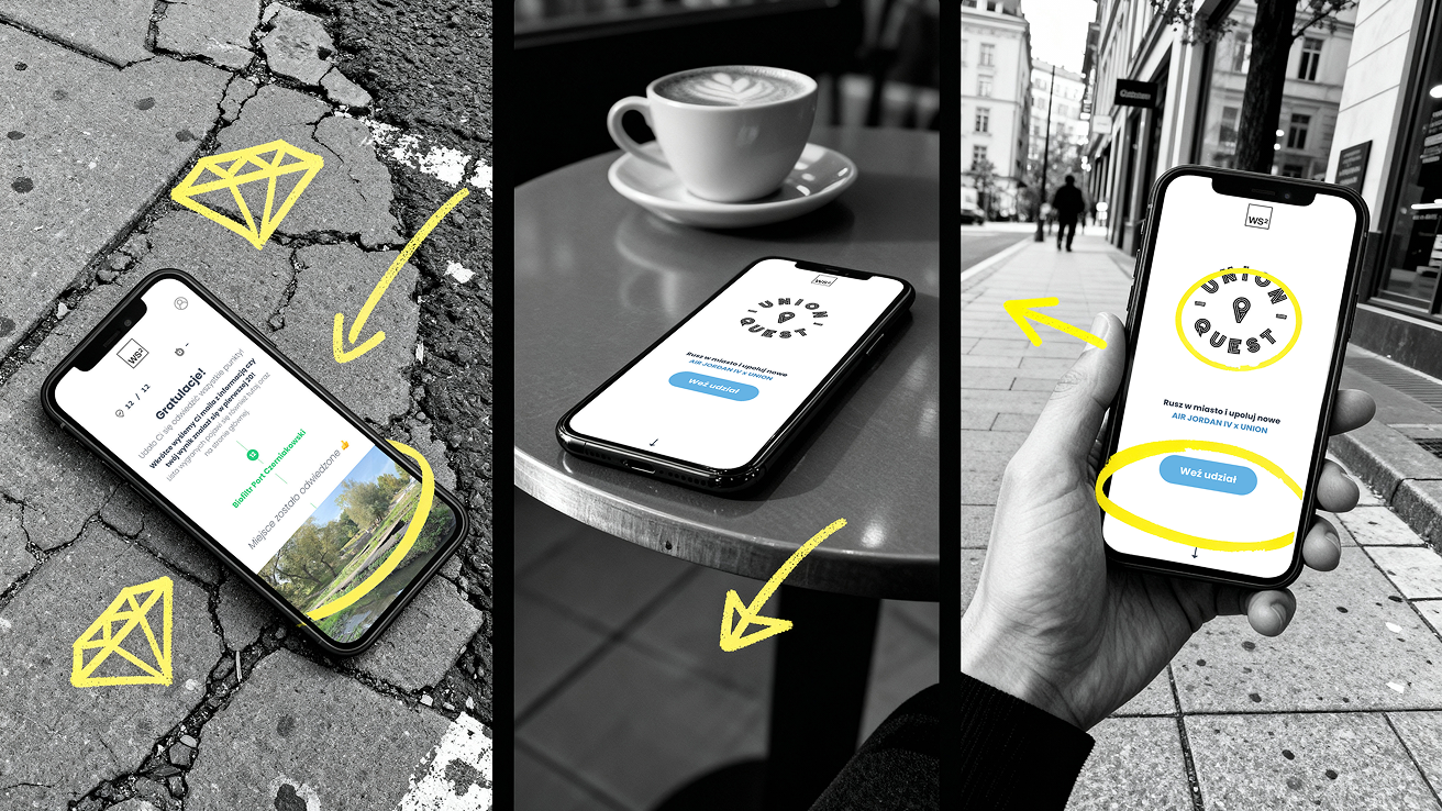 Warsaw Sneaker Store - Union Quest x Air Jordan 4 Collab Mock up of three phones