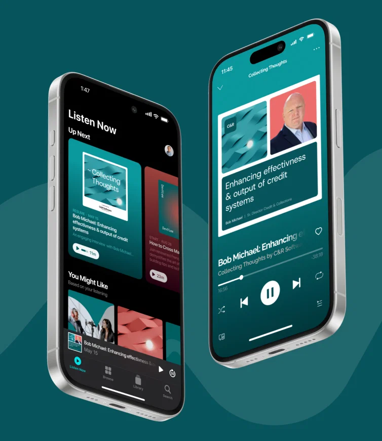 Mobile podcast app screens showing C&R Software’s Collecting Thoughts series