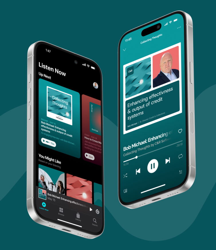Mobile podcast app screens showing C&R Software’s Collecting Thoughts series