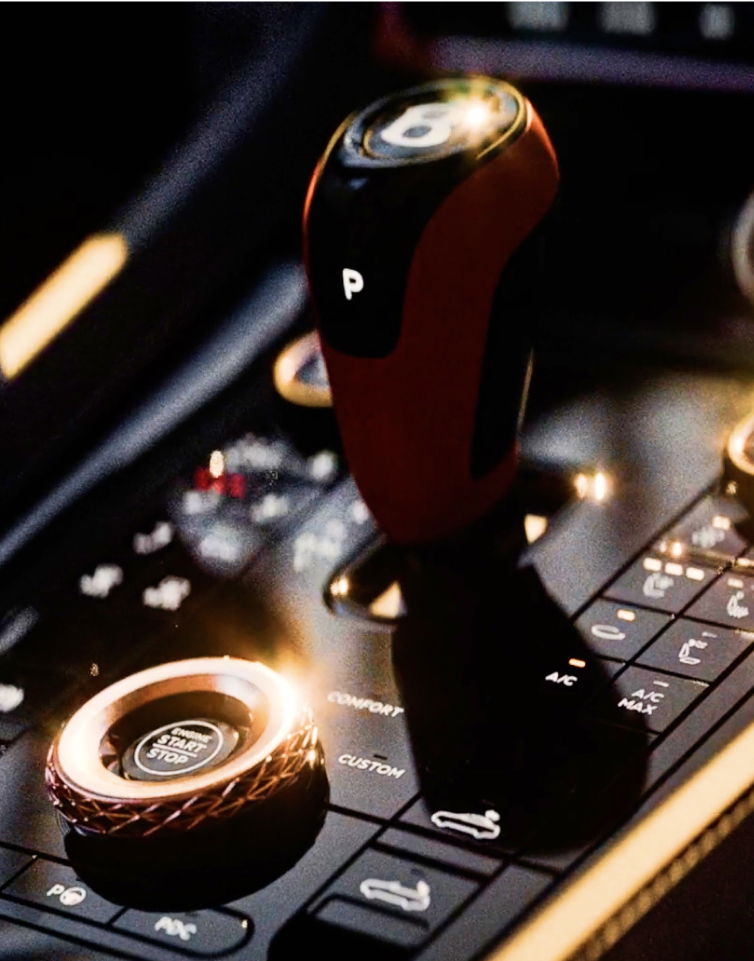Car interior with orange and gray leather upholstery.