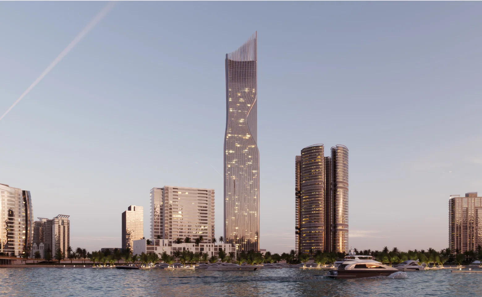 Luxury high-rise tower overlooking Dubai Marina waterfront during sunset.