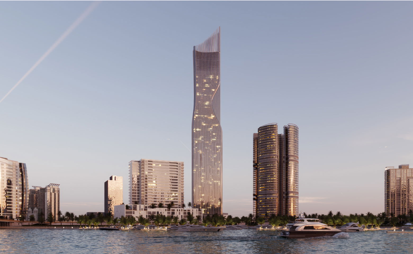 Luxury high-rise tower overlooking Dubai Marina waterfront during sunset.