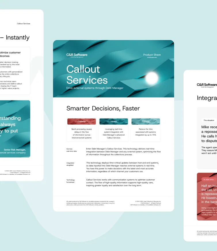 C&R Software product sheets showcasing Callout Services design and layout