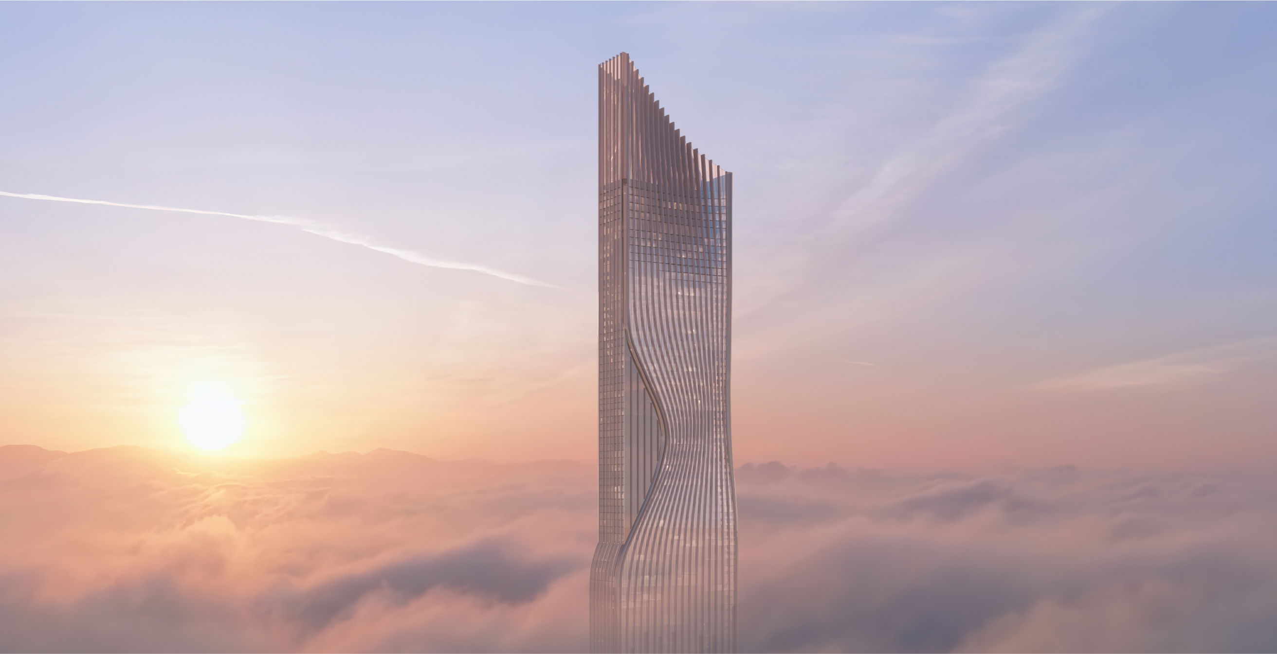 Luxury skyscraper emerging above the clouds at sunrise.