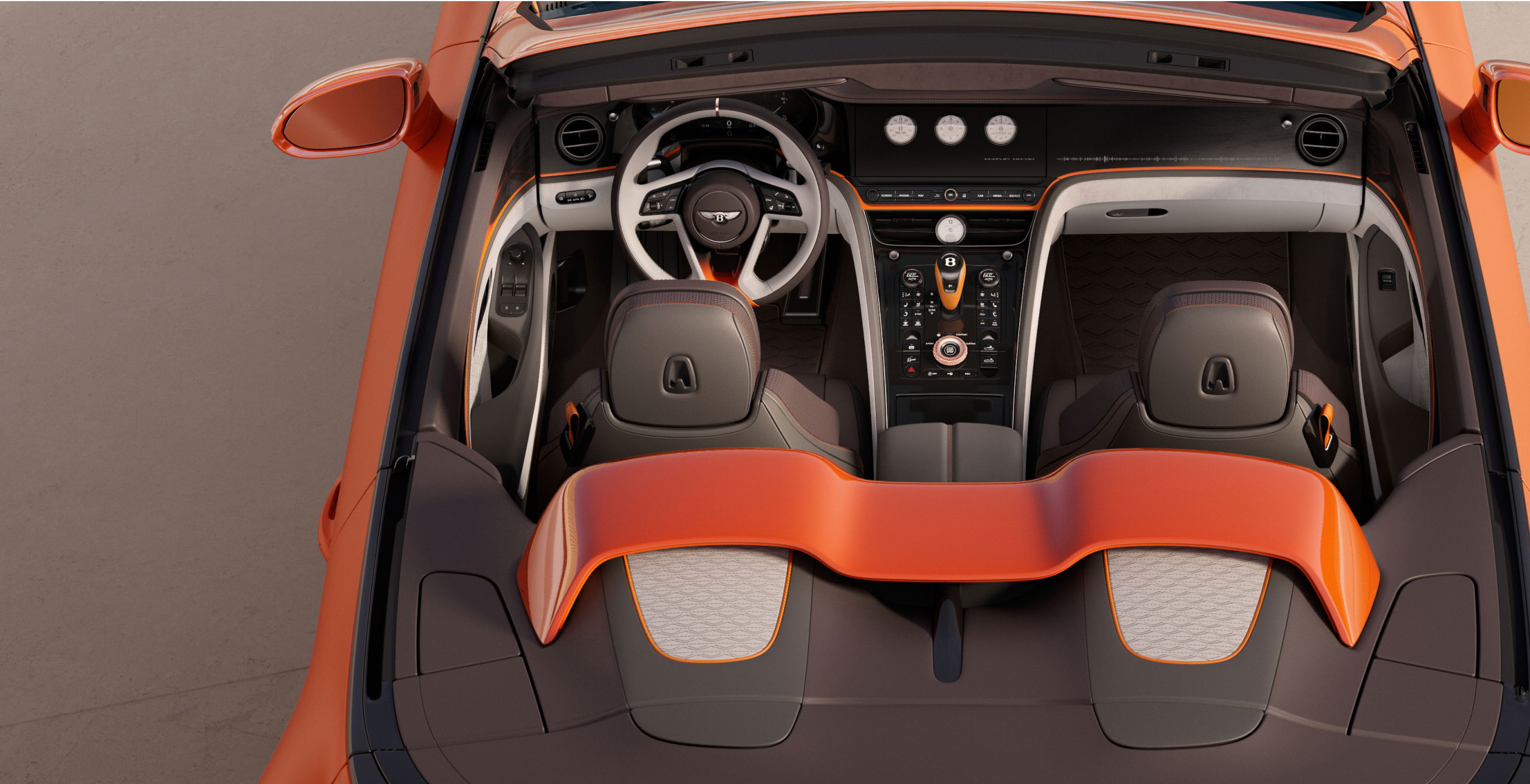 Car interior with orange and gray leather upholstery.