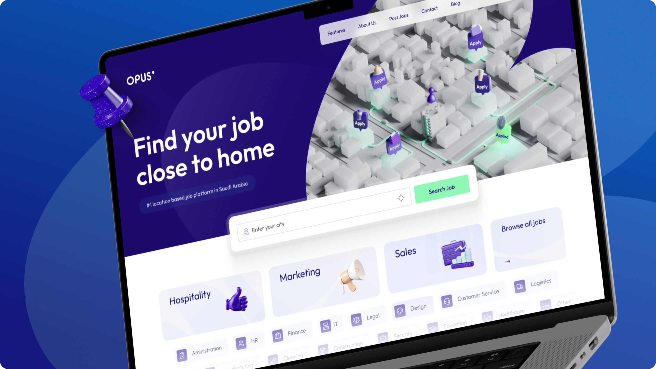 Laptop displaying Opus website with job search interface