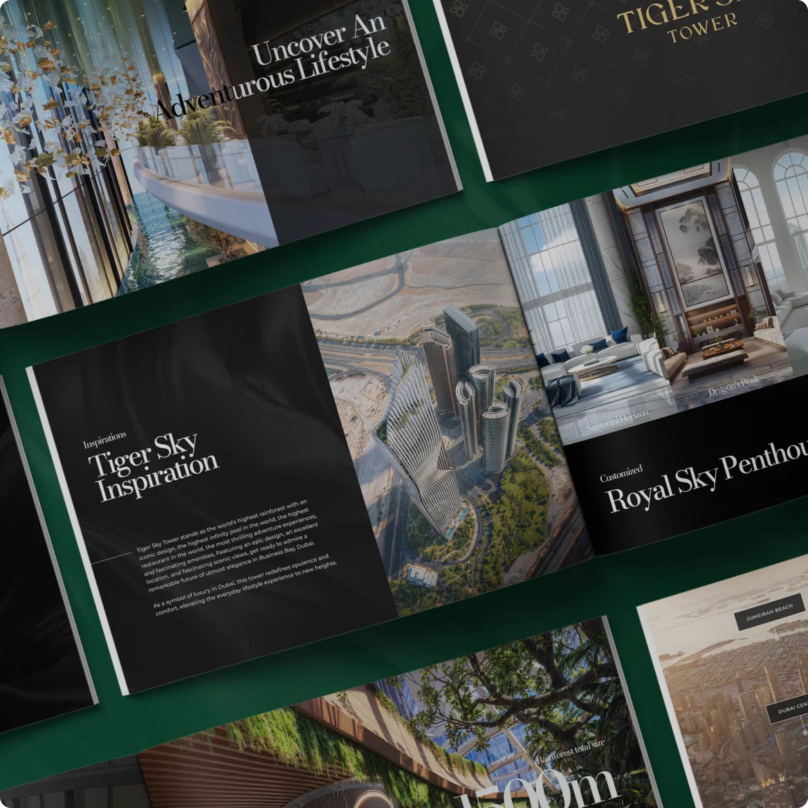 Open architectural brochure displaying Tiger Sky Tower visuals and interior designs.