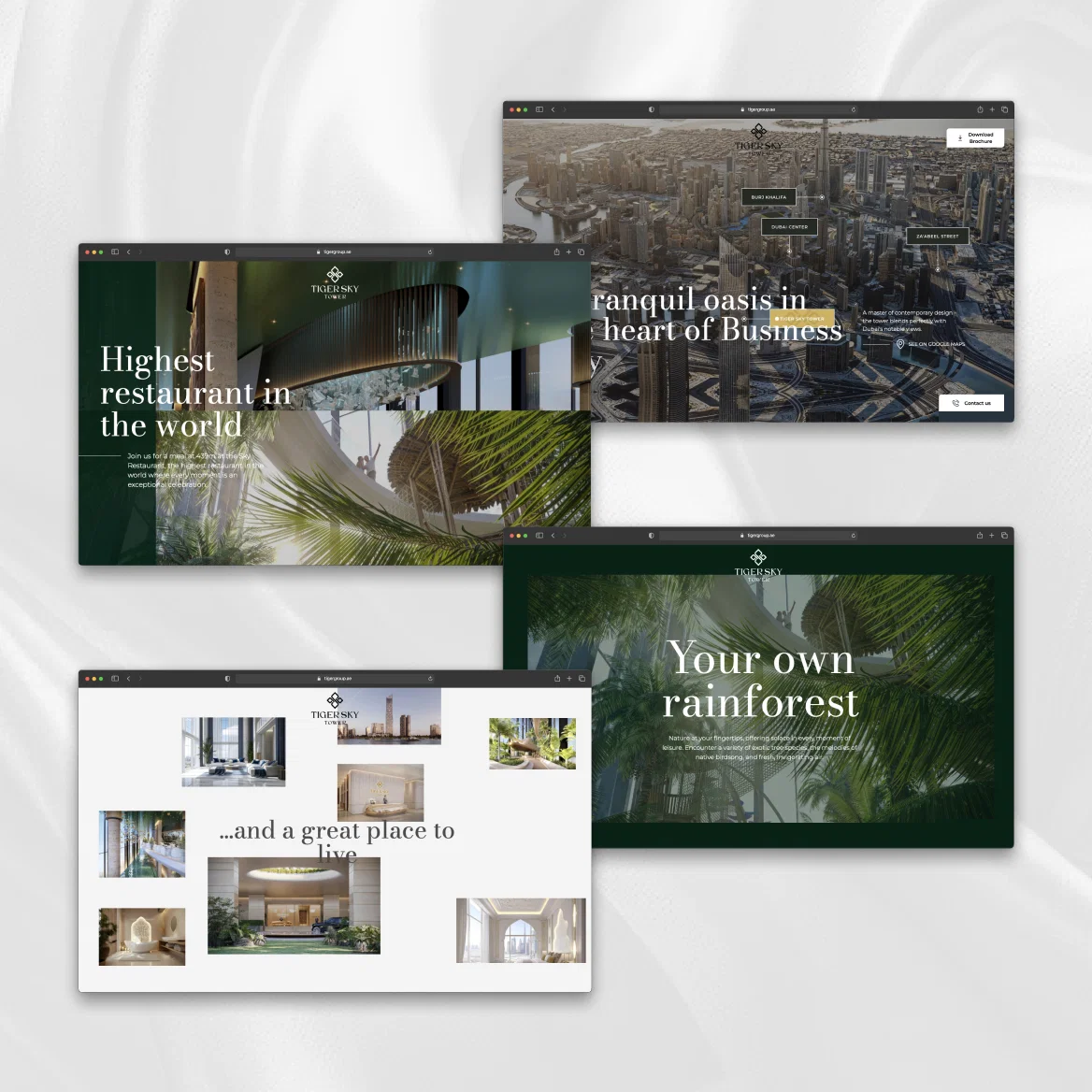 Collage of Tiger Sky Tower website mockups showcasing architecture and interior design features.