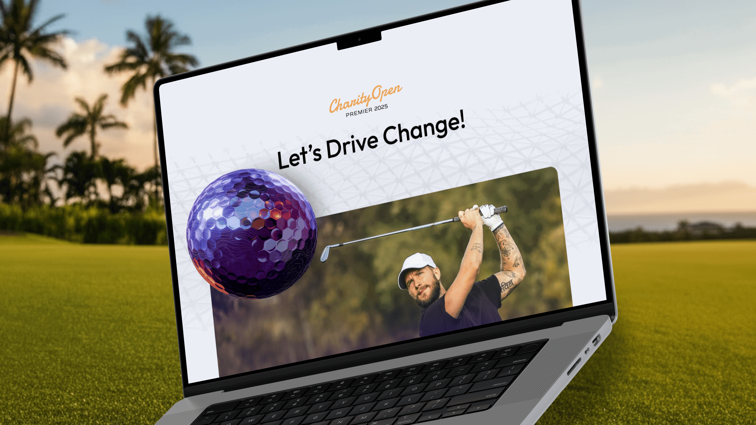 Laptop displaying the Premier Charity Golf website with a golfer swinging and the slogan ‘Let’s Drive Change’.
