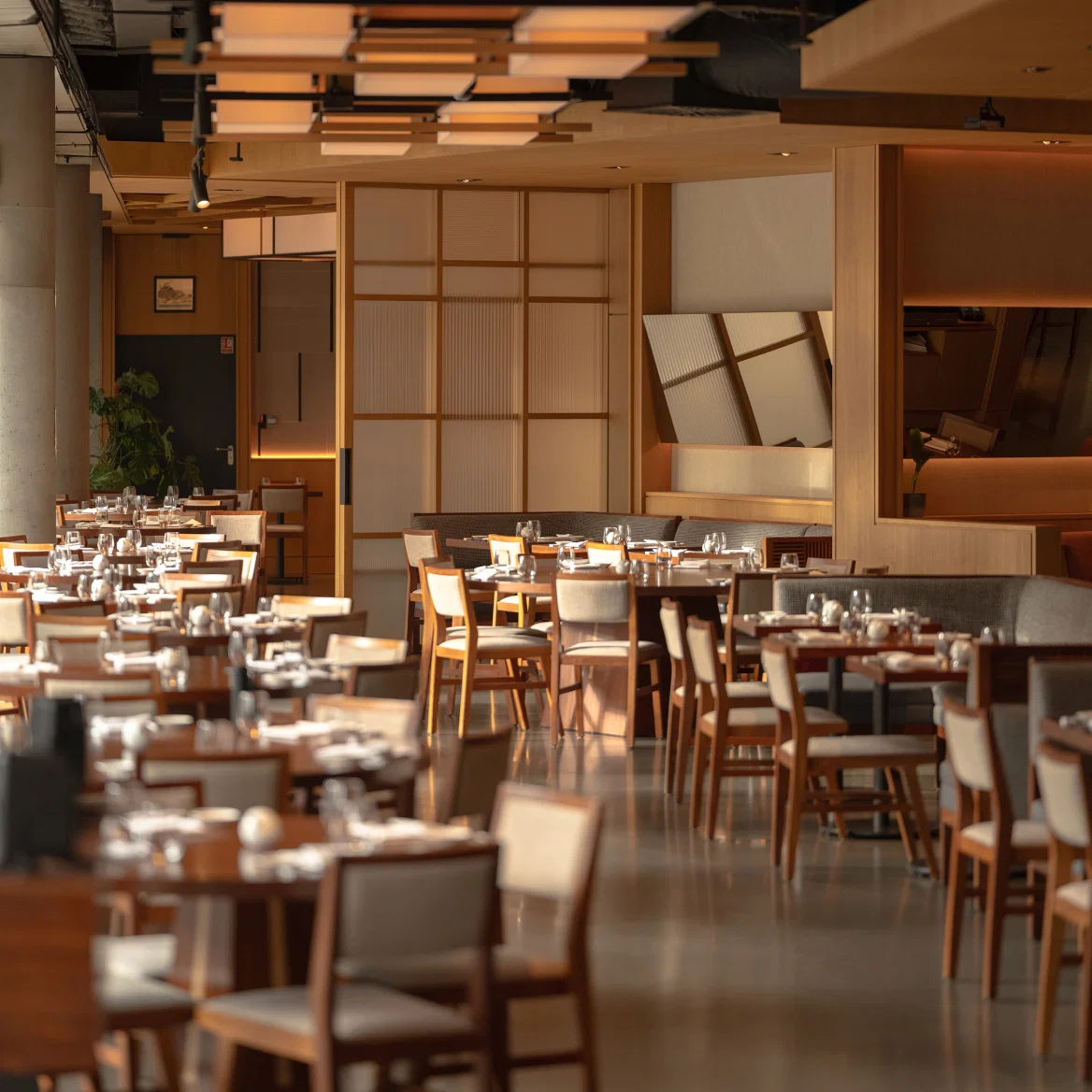 Modern restaurant interior with elegant wooden decor